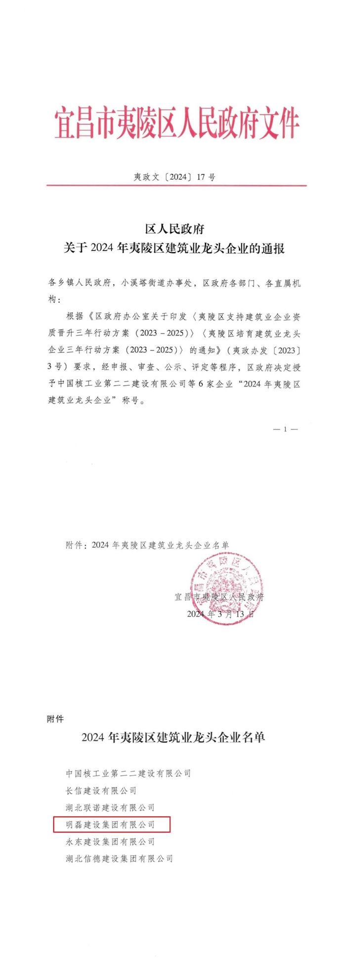 明磊建设集团荣获“夷陵区建筑业龙头企业”称号